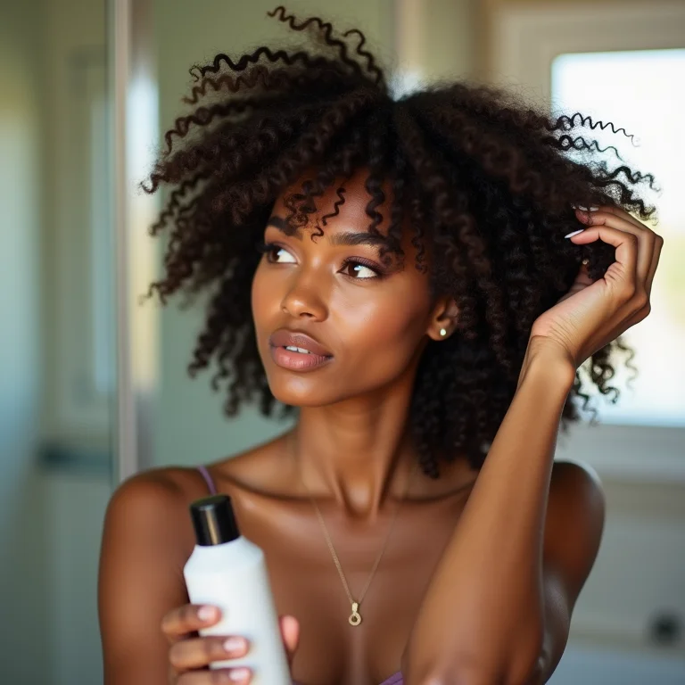 Mulher cacheada finalizando o cabelo rapidamente com produto low poo.