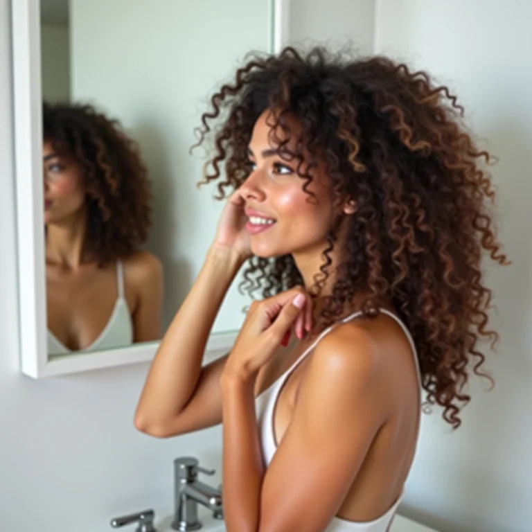 Mulher cacheada olhando seu cabelo no espelho