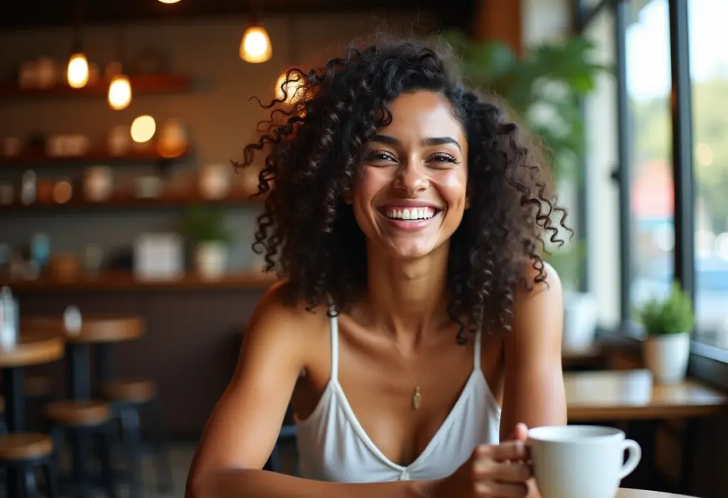 Mulher cacheada rindo em cafeteria ensolarada