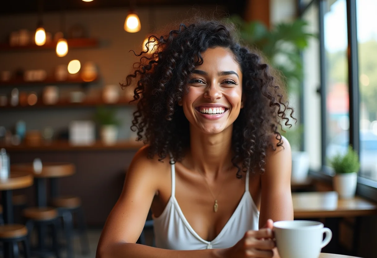 Mulher cacheada rindo em cafeteria ensolarada