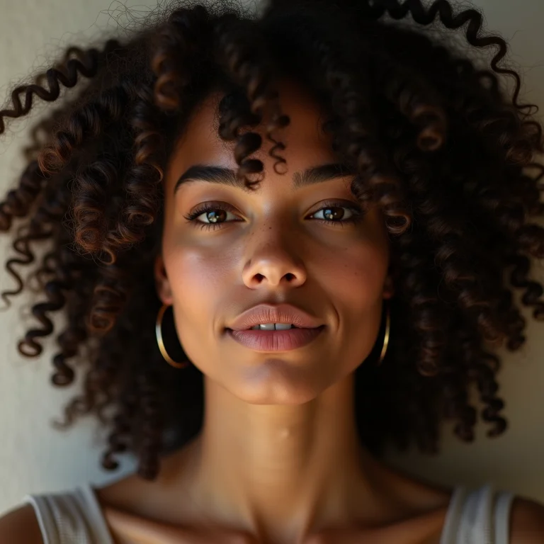 Mulher cacheada separando o cabelo para mostrar a raiz.
