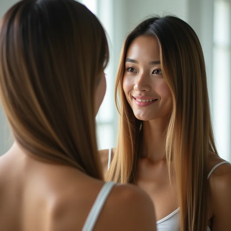 Mulher checando a hidratação do cabelo no espelho