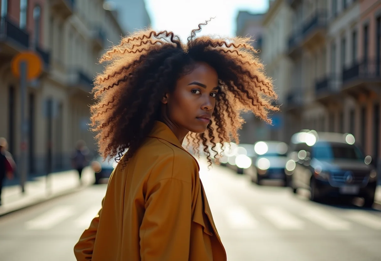 Mulher com cabelo cacheado andando na rua com o vento no cabelo