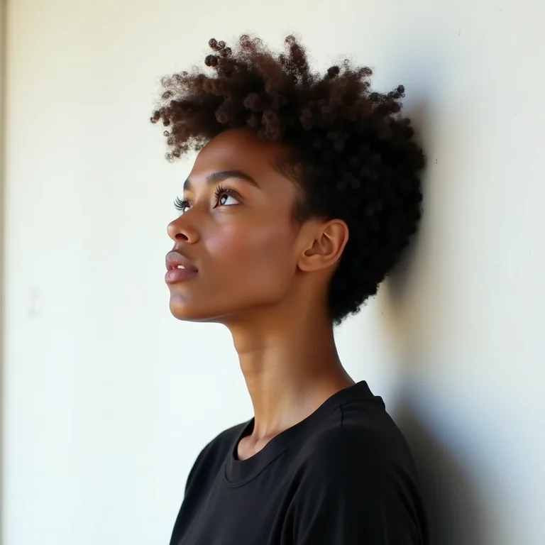 Mulher com cabelo cacheado curto olhando para cima