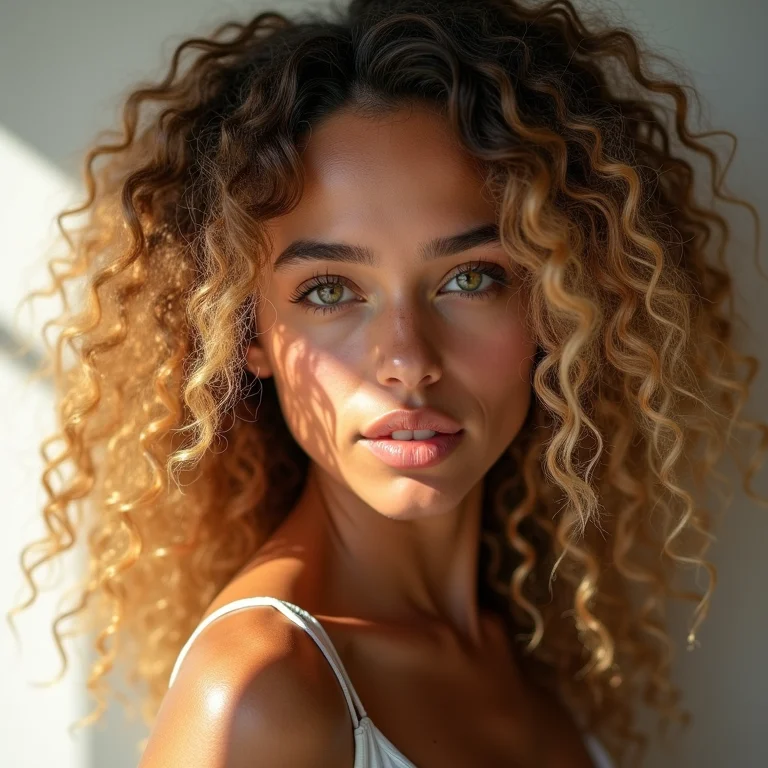 Mulher com cabelo cacheado e mechas californianas loiras