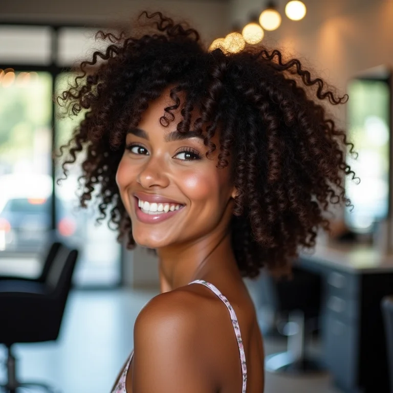 Mulher com cabelo cacheado exibindo corte em camadas