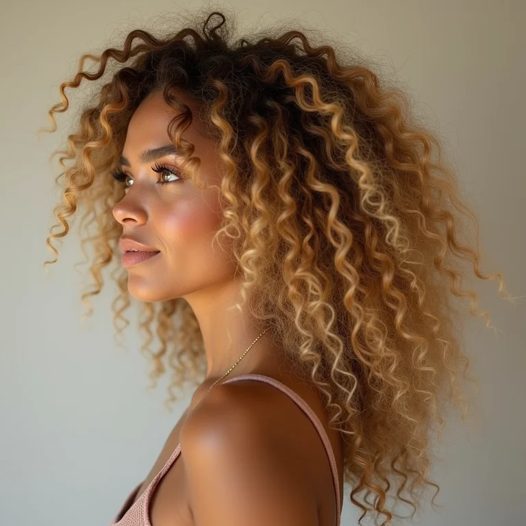 Mulher com cabelo cacheado loiro mel iluminado