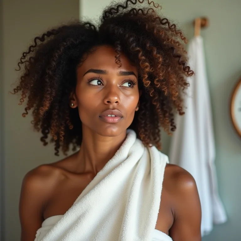 Mulher com cabelo cacheado preocupada com o tempo de descoloração
