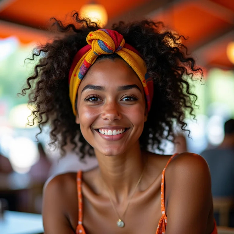 Mulher com cabelo cacheado usando lenço colorido como penteado criativo.