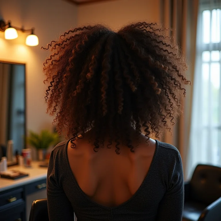 Mulher com cabelo cacheado volumoso de costas no salão