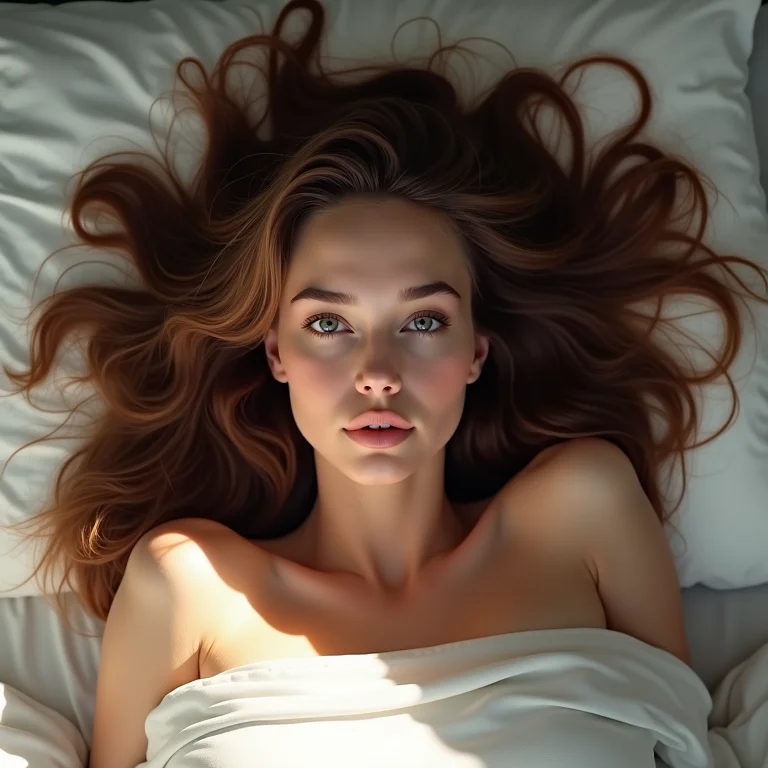 Mulher com cabelo castanho ondulado deitada na cama, com o cabelo espalhado no travesseiro.