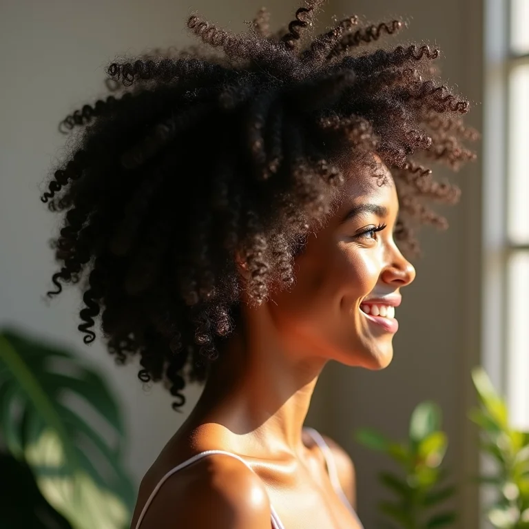 Mulher com cabelo crespo 4C saudável e definido após a máscara de café.