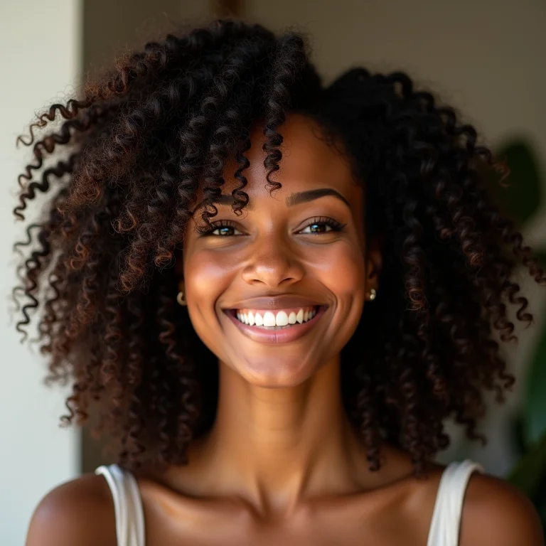 Mulher com cabelo crespo 4C sorrindo e mostrando a cor