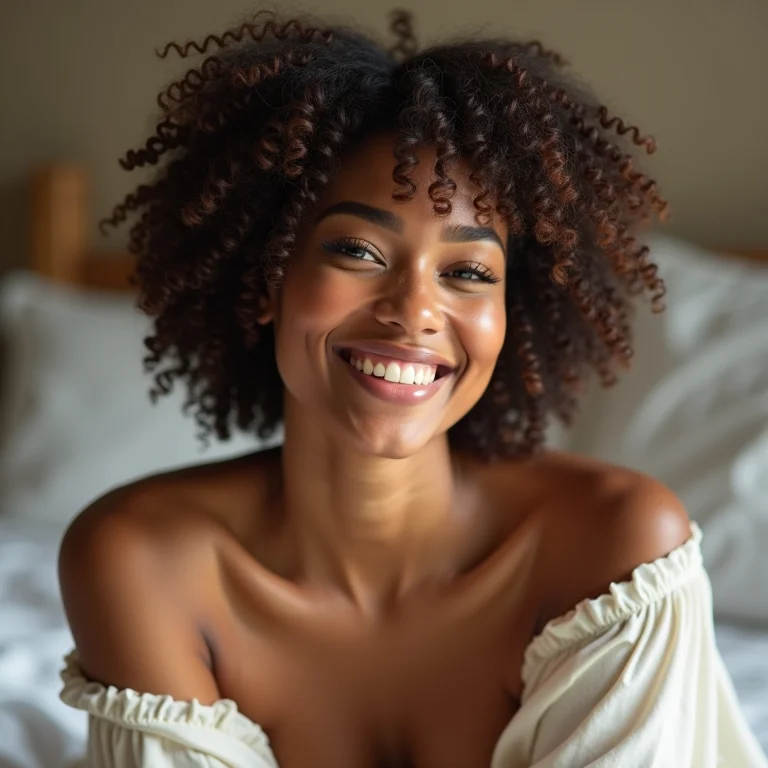 Mulher com cabelo crespo 4C usando touca de cetim