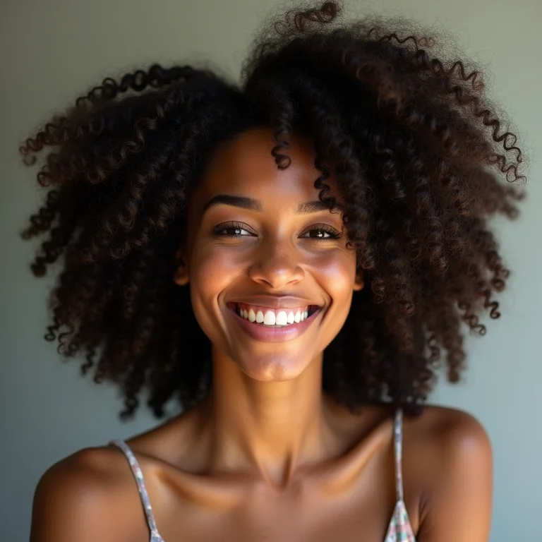 Mulher com cabelo crespo exibindo volume e definição após detox