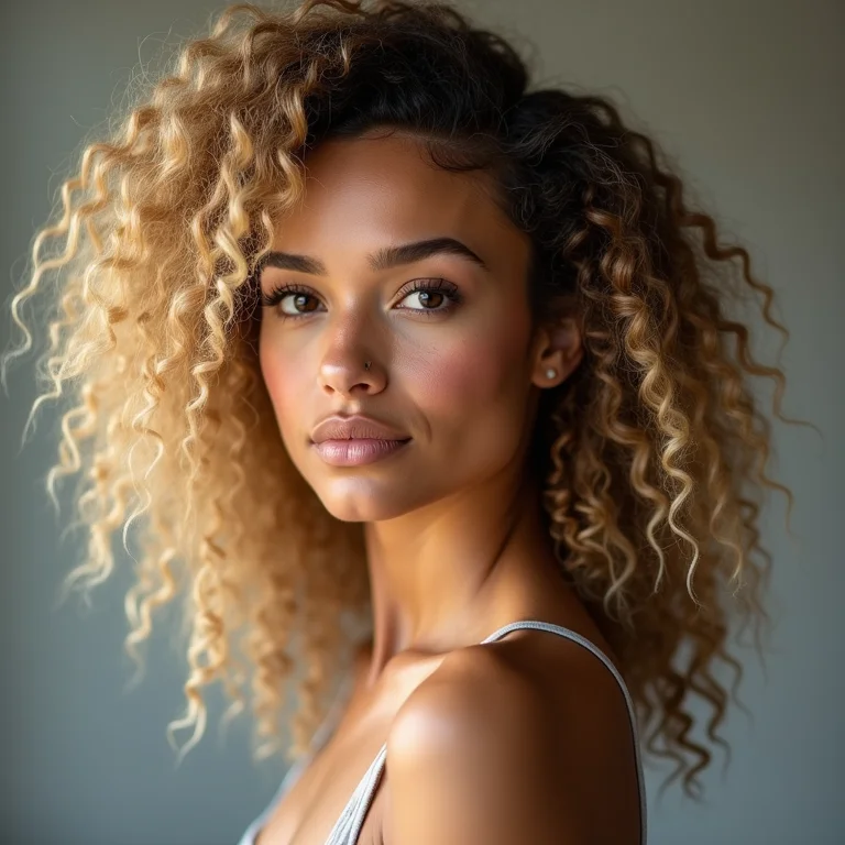 Mulher com cabelo crespo louro escuro exibindo sua beleza natural.