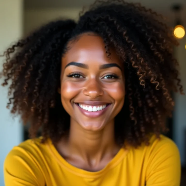 Mulher com cabelo crespo sorrindo