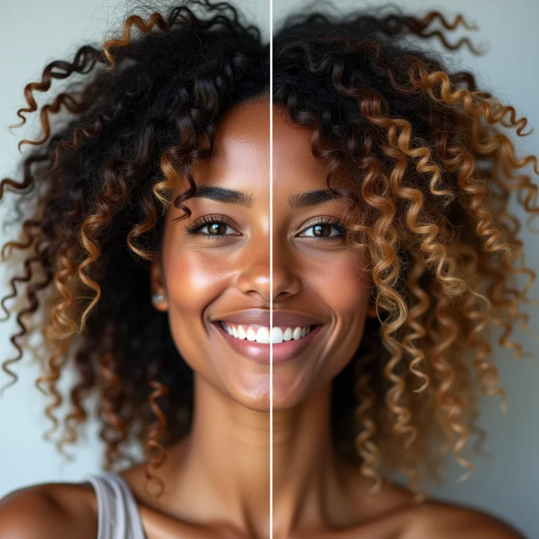 Mulher com cabelo em transição usando lenço anti-frizz