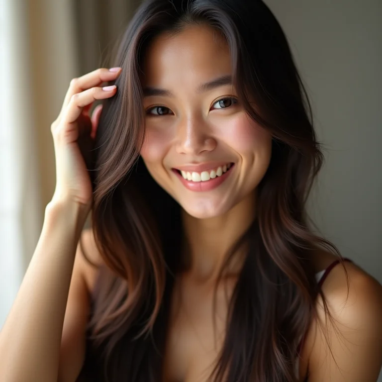 Mulher com cabelo liso e brilhante após umectação noturna