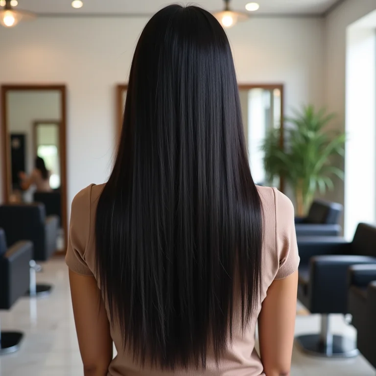 Mulher com cabelo liso e longo no salão de beleza.