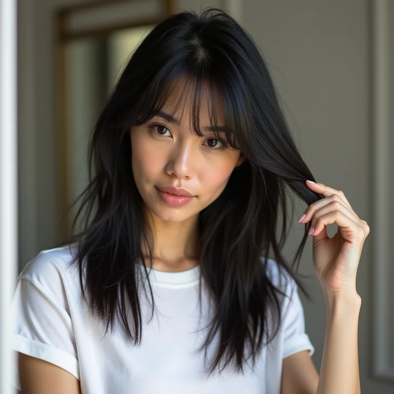 Mulher com cabelo liso preto checando o cabelo no espelho