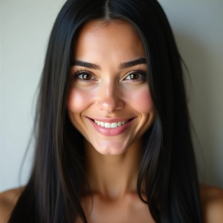 Mulher com cabelo liso preto sorrindo após tratamento capilar