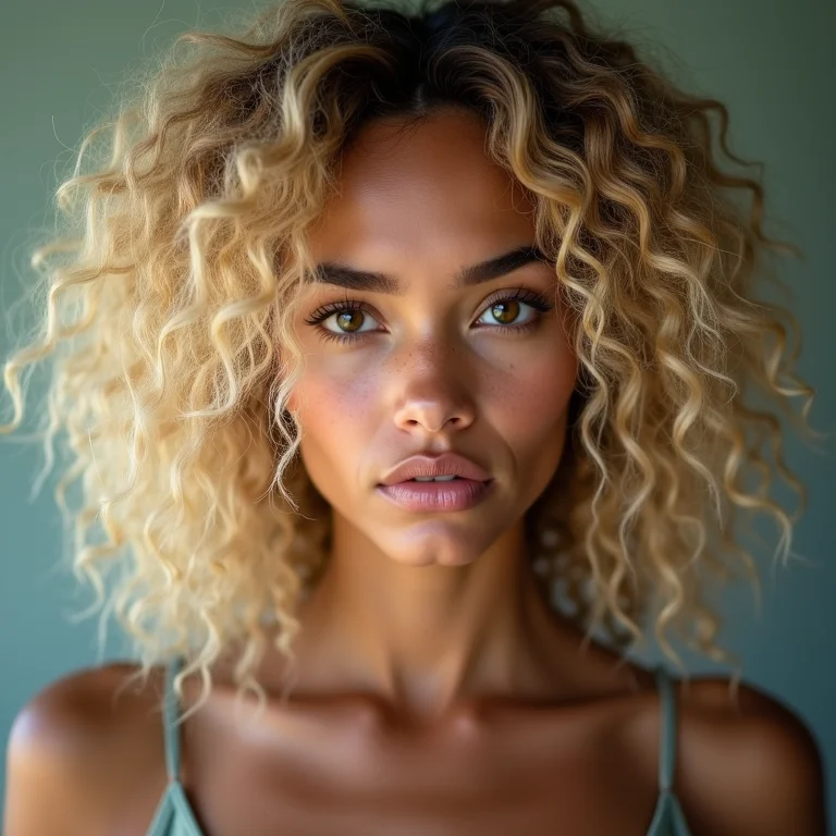 Mulher com cabelo loiro cacheado se perguntando porque o loiro não fica igual ao da foto