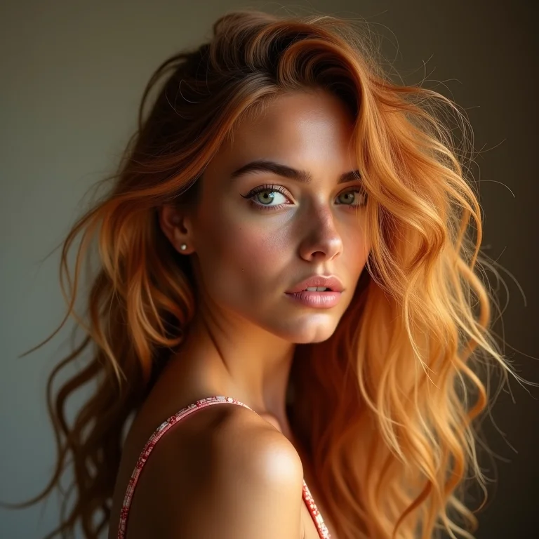 Mulher com cabelo loiro mel acobreado iluminado