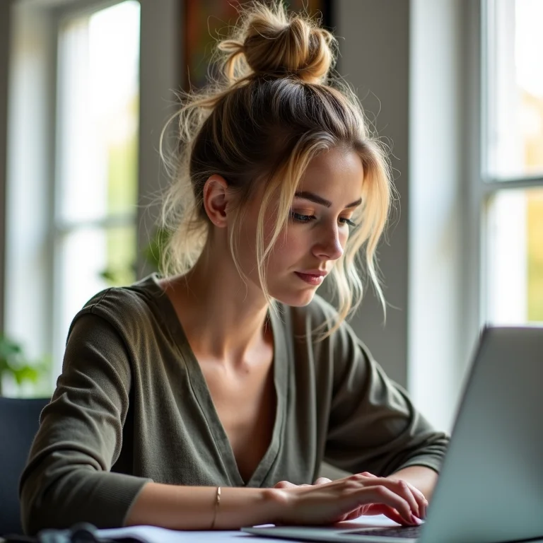 Mulher com cabelo louro escuro preso em um coque trabalhando no computador.