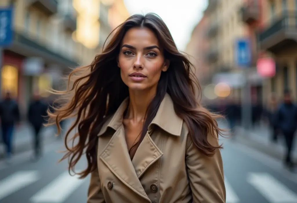 Mulher com cabelo ondulado atravessando a rua com vento no cabelo