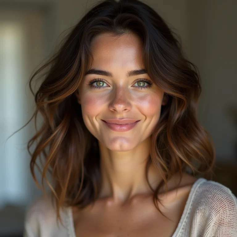 Mulher com cabelo ondulado e porosidade média sorrindo para a câmera