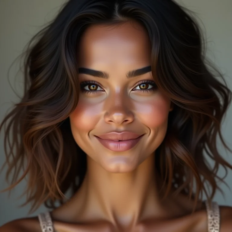 Mulher com cabelo ondulado e rosto redondo