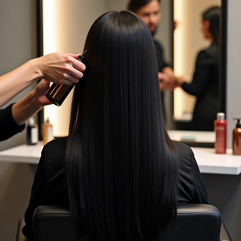 Mulher com cabelo preto fazendo tratamento no salão