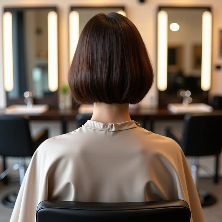 Mulher com corte de cabelo bob curto no salão (vista traseira).