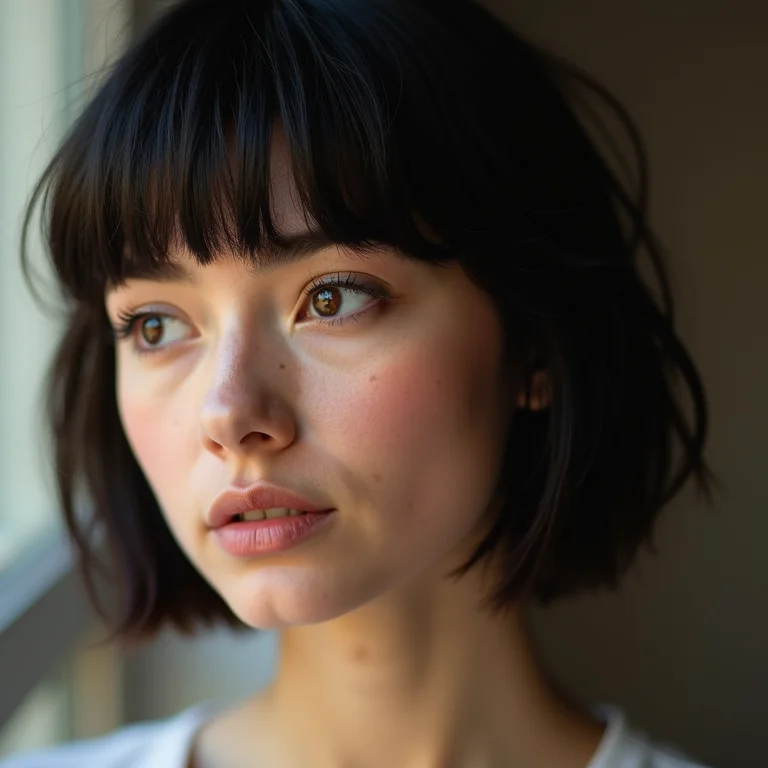 Mulher com corte hime e franja reta.