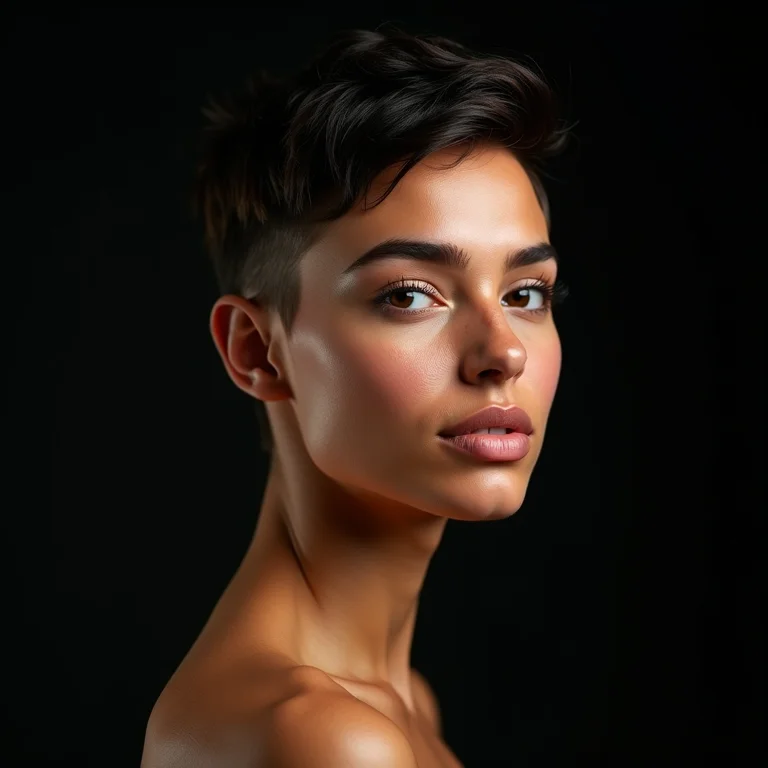 Mulher com corte pixie moderno e ousado.