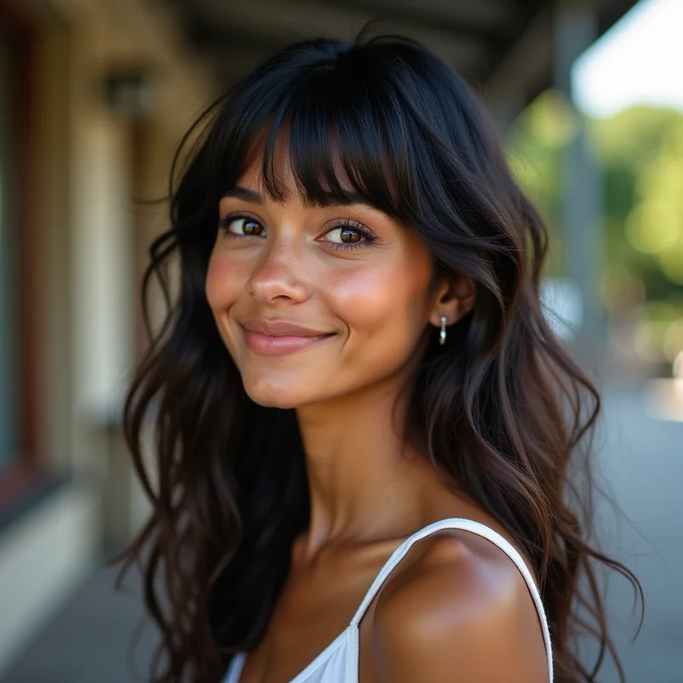 Mulher com franja repaginada e moderna.