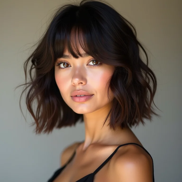 Mulher com long bob e franja desfiada.