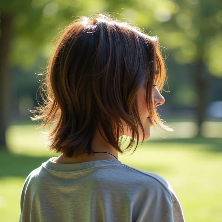 Mulher com mullet repaginado no parque.