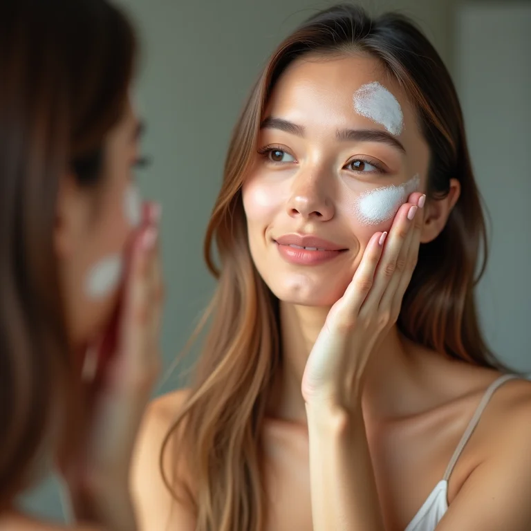 Mulher com pele seca aplicando protetor solar facial.