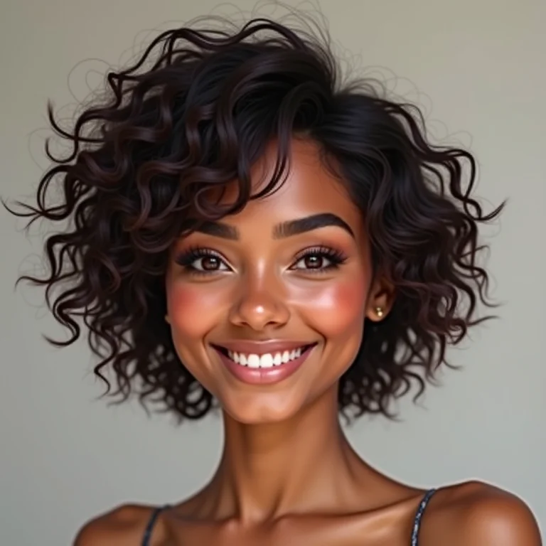 Mulher com rosto redondo e corte tipo 3C.