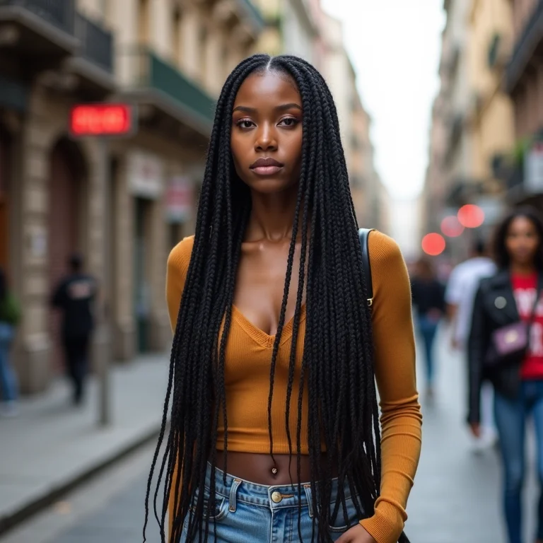 Mulher com tranças nagô andando na rua