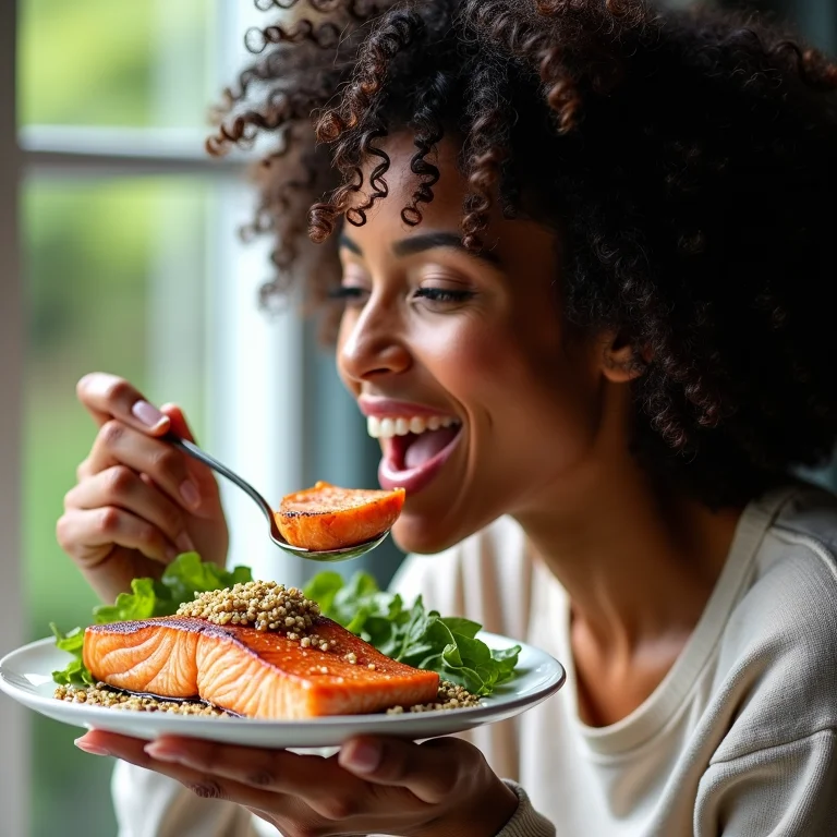 Mulher comendo salmão e quinoa para o cabelo