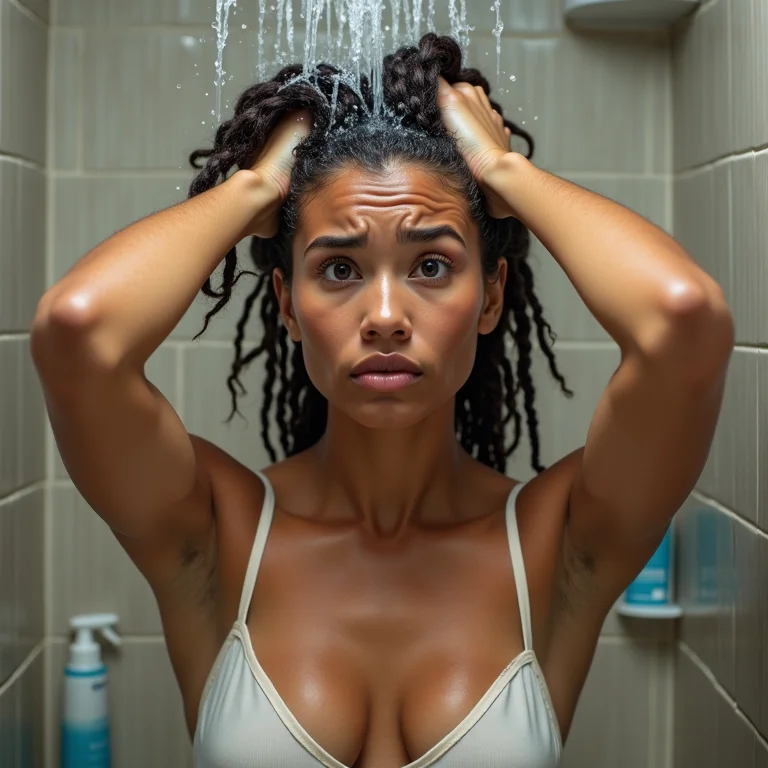 Mulher confusa usando produtos reconstrutores no cabelo