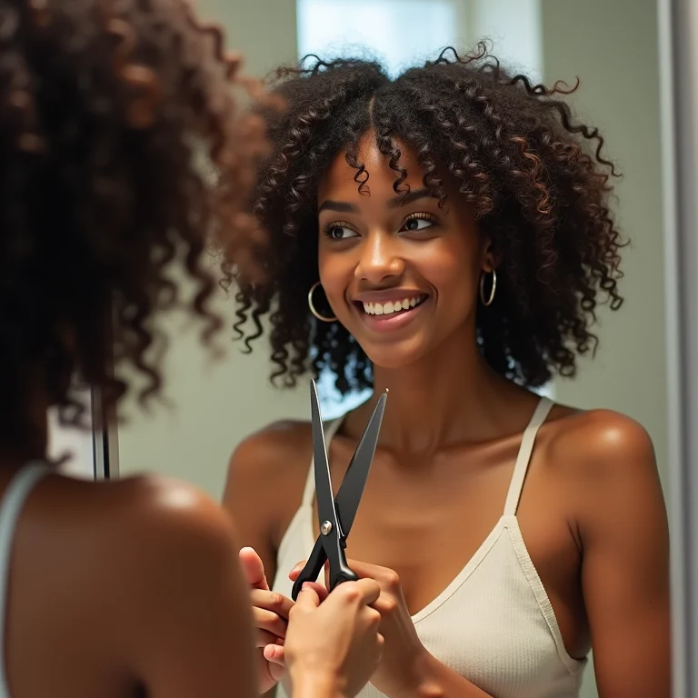 Mulher cortando o cabelo cacheado em casa