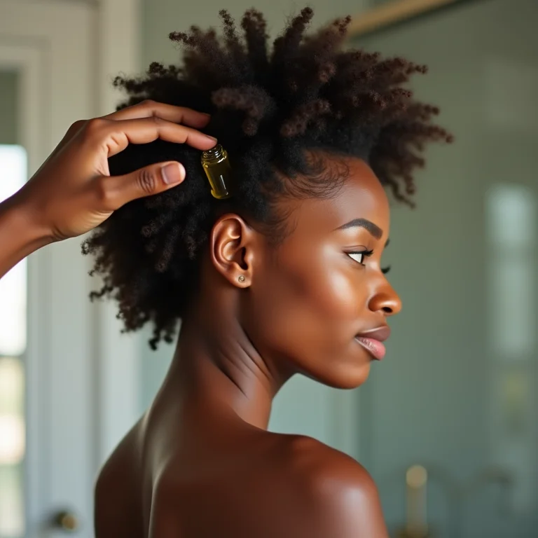 Mulher crespa aplicando óleo no couro cabeludo