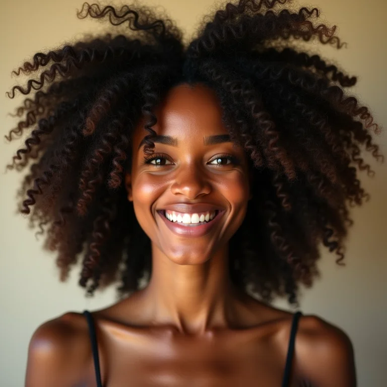Mulher crespa finalizando o cabelo com spray antifrizz em 5 minutos