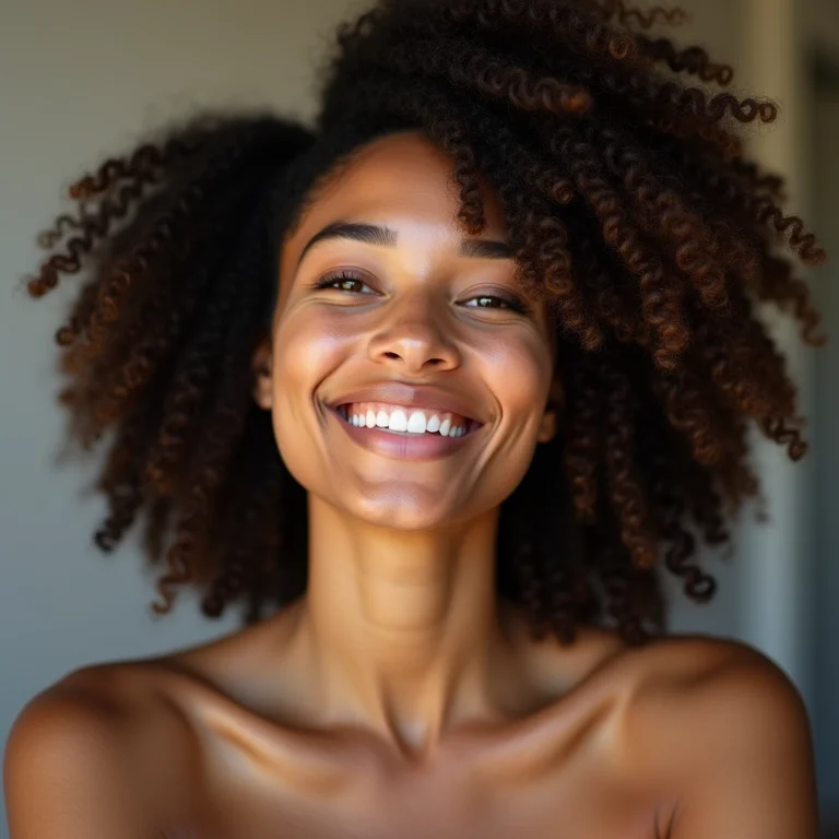 Mulher crespa sorrindo com o cabelo definido no day after