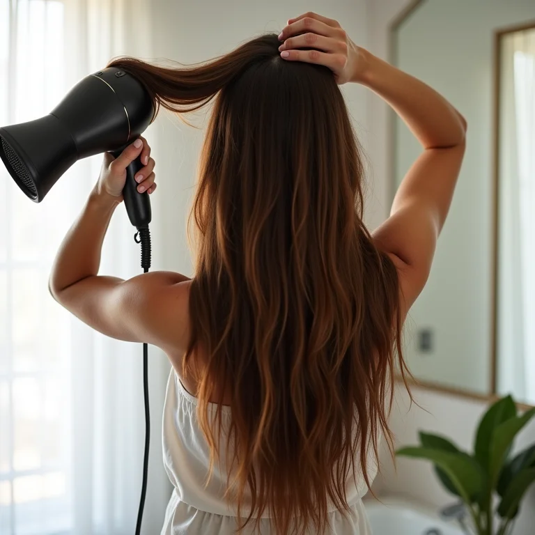 Mulher dando volume ao cabelo com secador