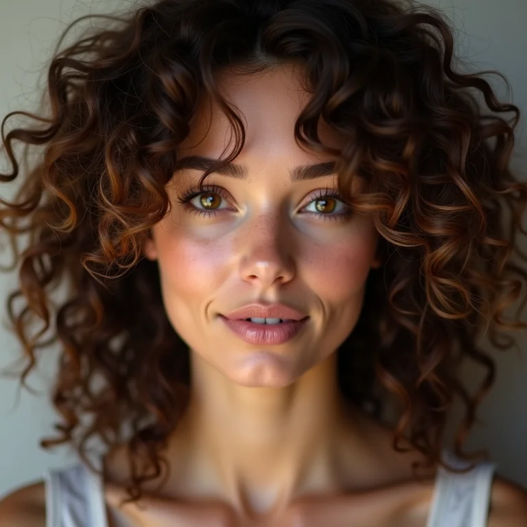 Mulher de cabelo cacheado castanho olhando para a câmera